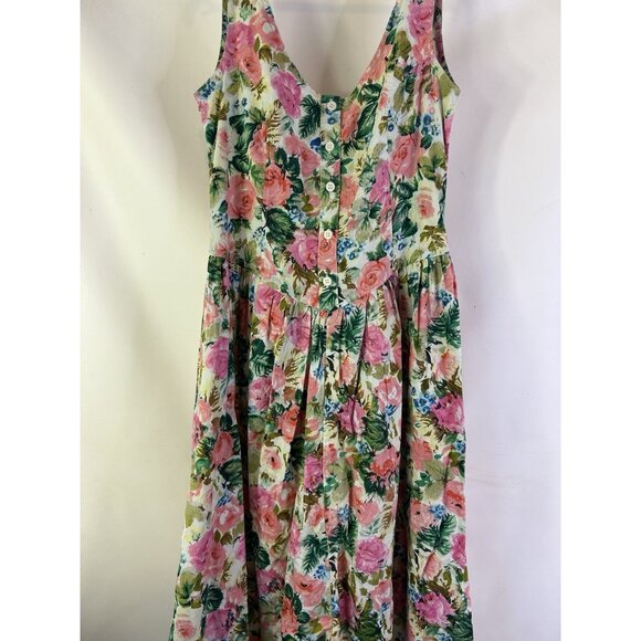 Vintage 80s Country Floral Button Front Bow Tea Dress Cottagecore - Picture 3 of 7